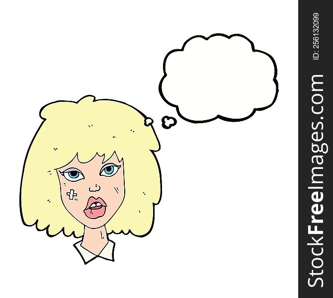 Cartoon Woman With Bruised Face With Thought Bubble