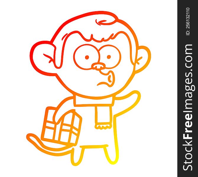 warm gradient line drawing of a cartoon christmas monkey