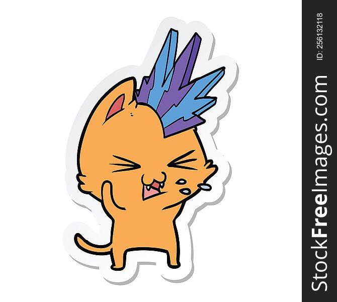 sticker of a cartoon punk rock cat hissing