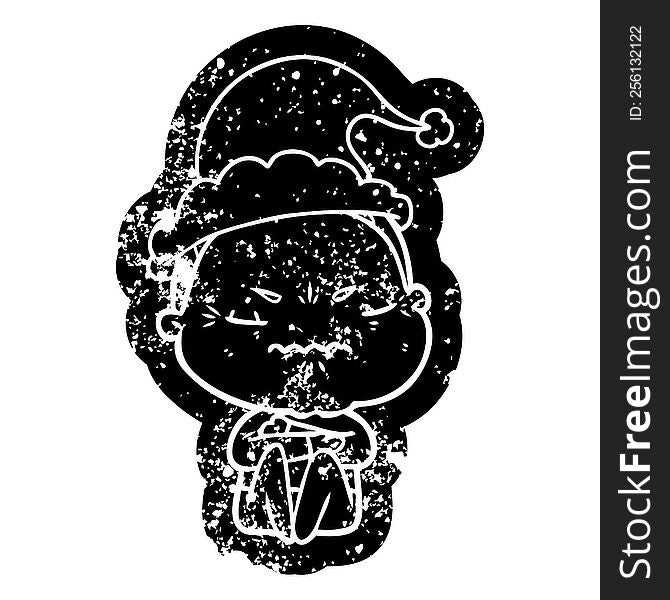 quirky cartoon distressed icon of a annoyed old lady wearing santa hat