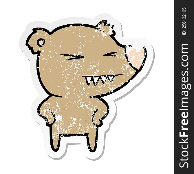 Distressed Sticker Of A Angry Bear Cartoon With Hands On Hips