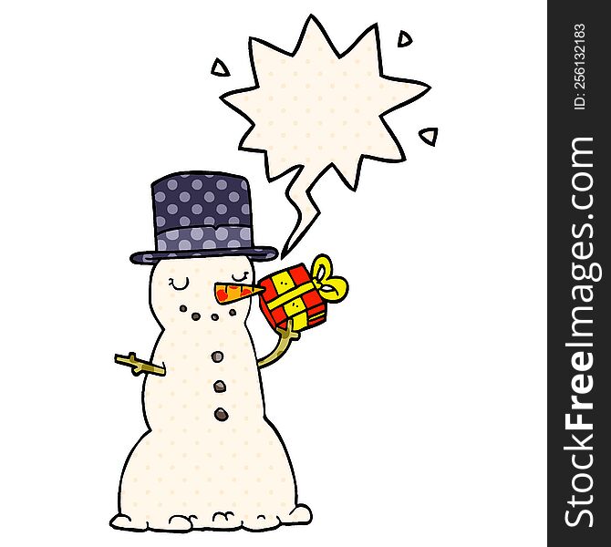 cartoon christmas snowman with speech bubble in comic book style