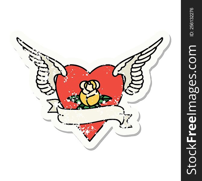 distressed sticker tattoo in traditional style of heart with wings a rose and banner. distressed sticker tattoo in traditional style of heart with wings a rose and banner