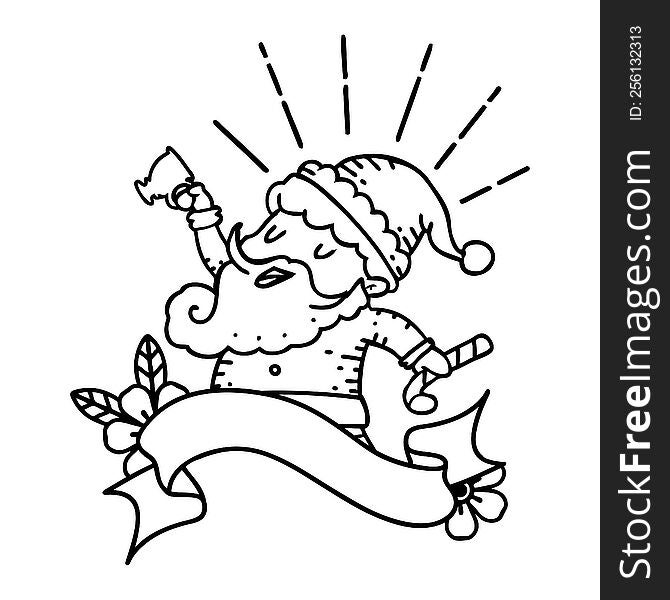 scroll banner with black line work tattoo style santa claus christmas character celebrating