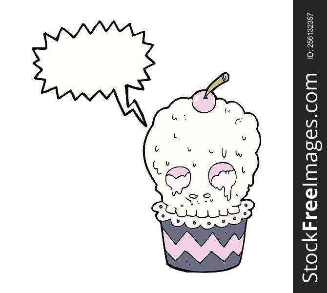 spooky skull cupcake cartoon with speech bubble