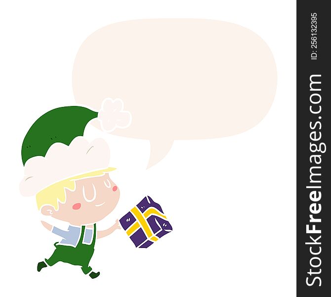 Cartoon Happy Christmas Elf And Present And Speech Bubble In Retro Style