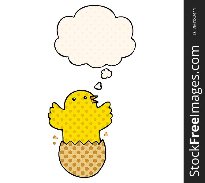 cartoon hatching bird with thought bubble in comic book style