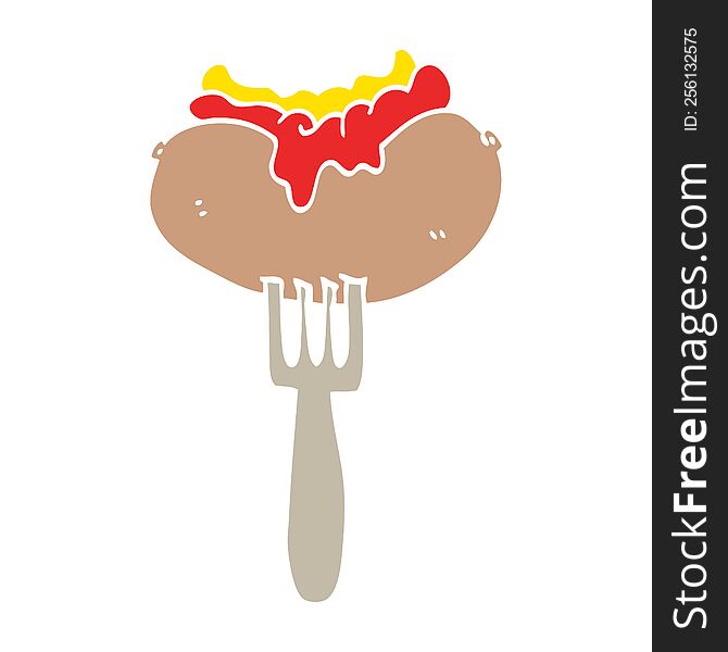 flat color illustration cartoon hotdog with mustard and ketchup on fork