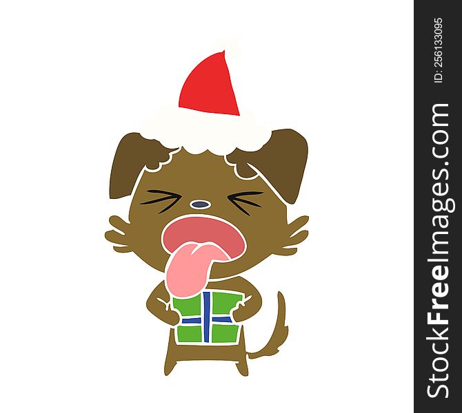 hand drawn flat color illustration of a dog with christmas present wearing santa hat