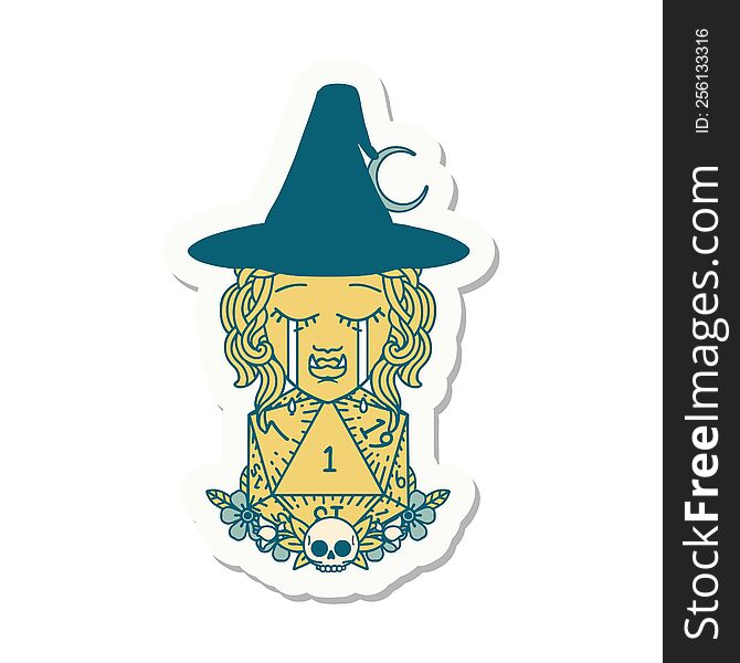 Sad Half Orc Witch Character With Natural One D20 Roll Sticker