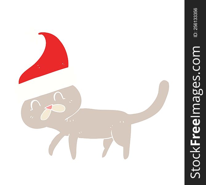 Flat Color Illustration Of A Cartoon Cat Wearing Christmas Hat