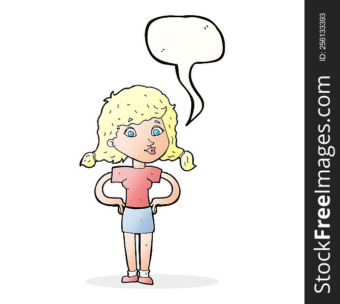 Cartoon Pretty Girl With Hands On Hips With Speech Bubble