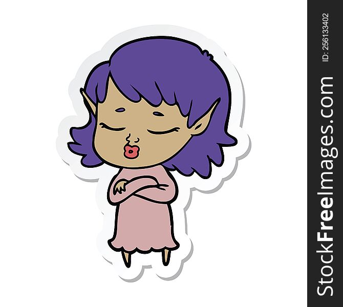Sticker Of A Pretty Cartoon Elf Girl With Corssed Arms