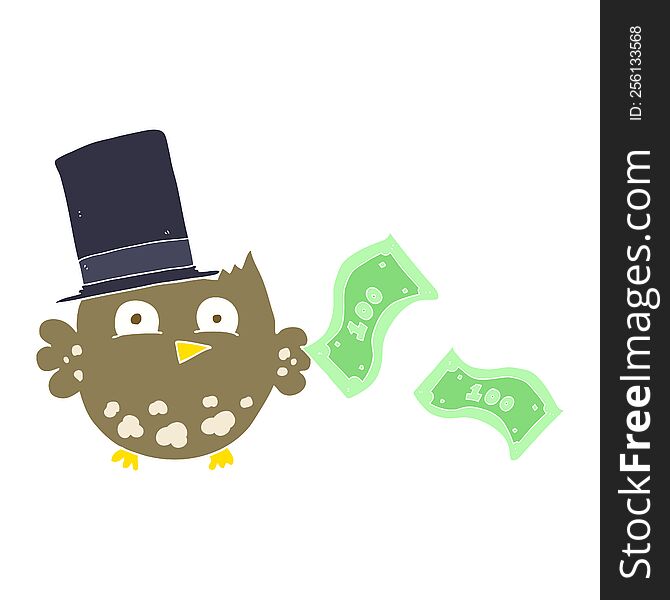 flat color illustration of a cartoon wealthy little owl with top hat