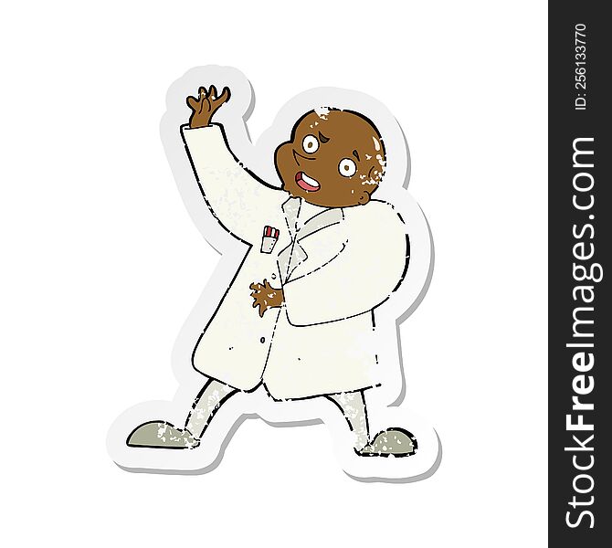retro distressed sticker of a cartoon mad scientist