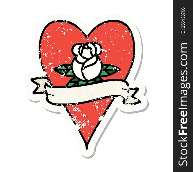 Traditional Distressed Sticker Tattoo Of A Heart Rose And Banner