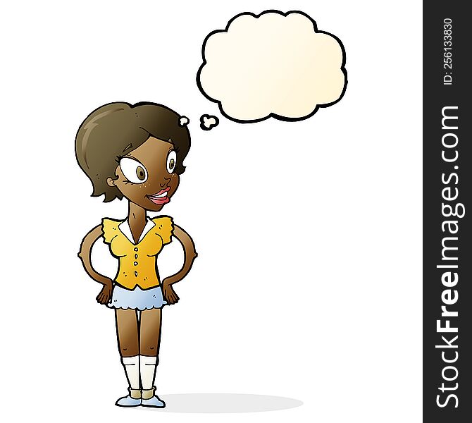 cartoon happy woman in short skirt with thought bubble