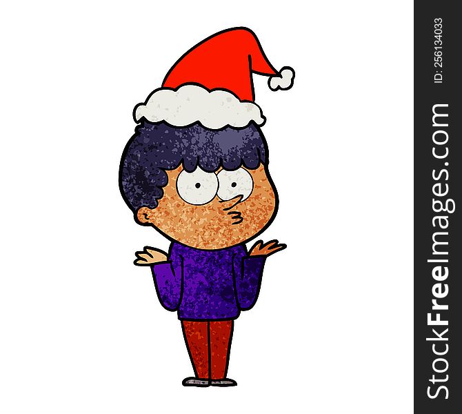 Textured Cartoon Of A Curious Boy Shrugging Shoulders Wearing Santa Hat