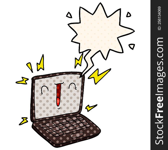 cartoon laptop computer with speech bubble in comic book style