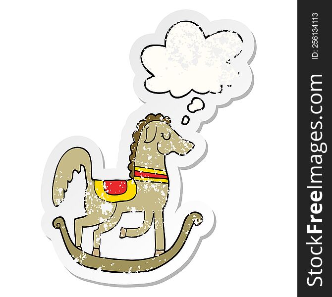 cartoon rocking horse and thought bubble as a distressed worn sticker