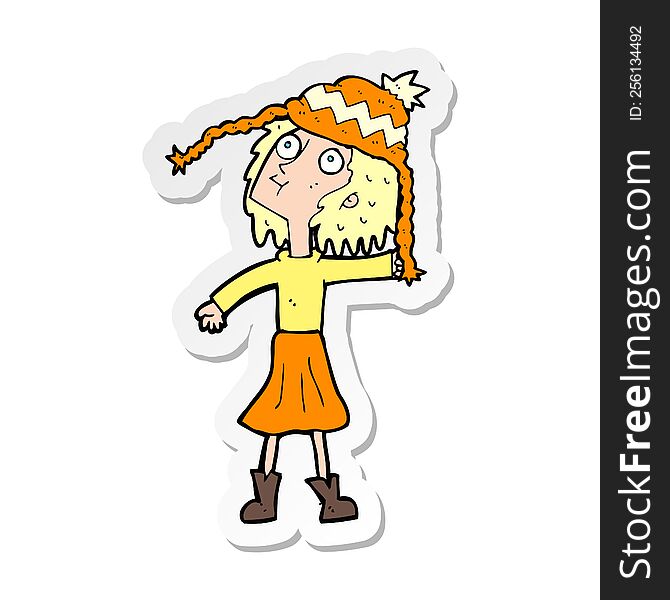 sticker of a cartoon woman wearing winter hat