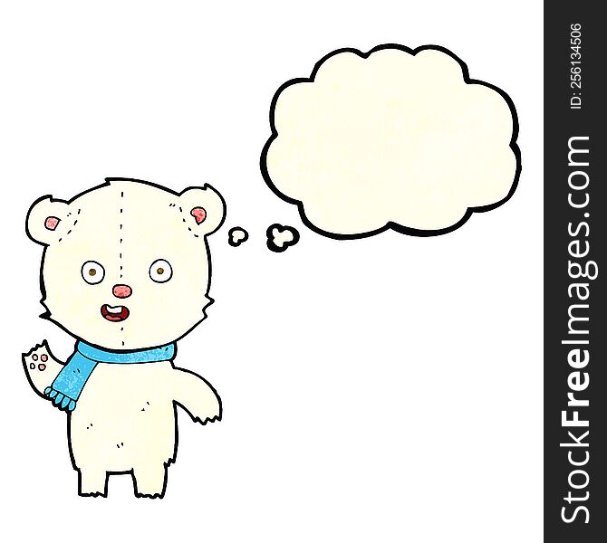 Cartoon Waving Polar Bear Cub With Scarf With Thought Bubble