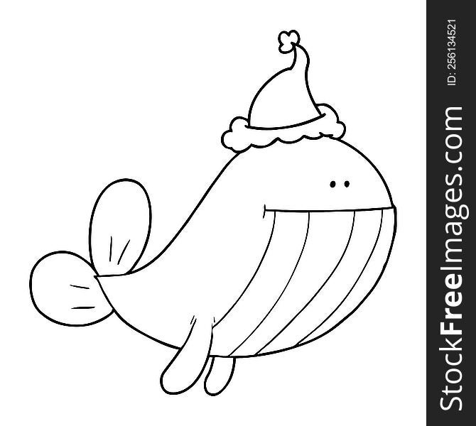 Line Drawing Of A Whale Wearing Santa Hat