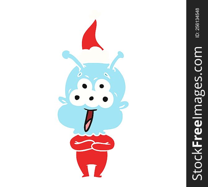 Happy Flat Color Illustration Of A Alien Wearing Santa Hat