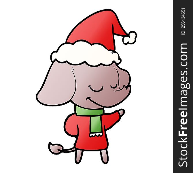 hand drawn gradient cartoon of a smiling elephant wearing scarf wearing santa hat