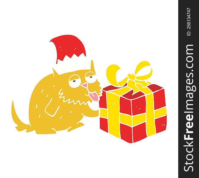 flat color illustration of cat with present. flat color illustration of cat with present