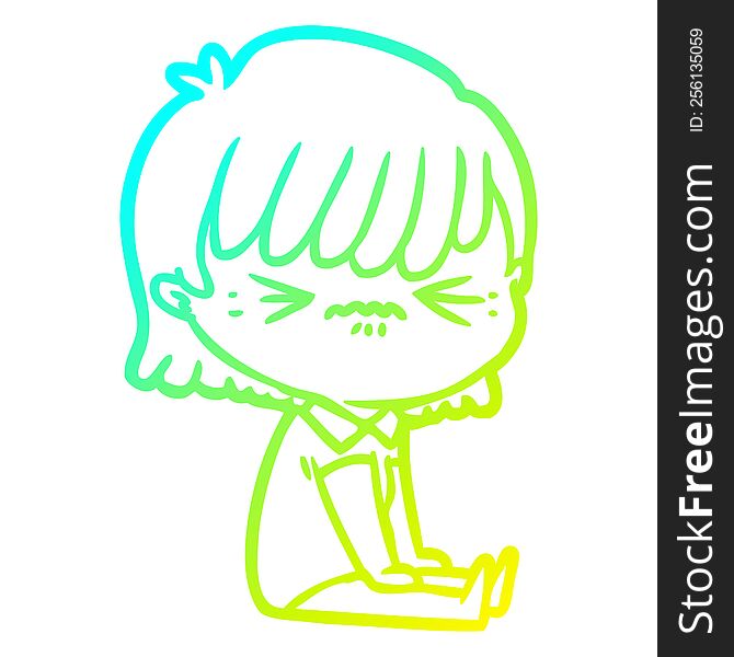 Cold Gradient Line Drawing Annoyed Cartoon Girl Sitting