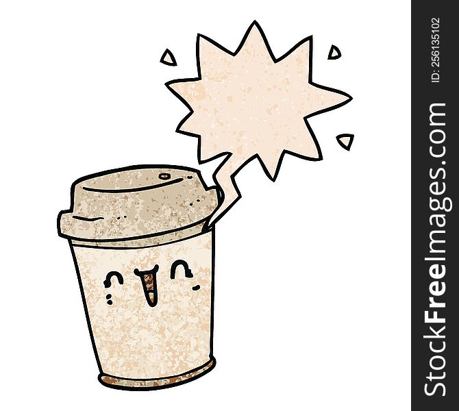 cartoon take out coffee with speech bubble in retro texture style