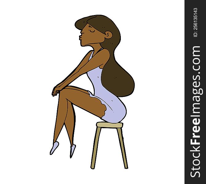 Cartoon Woman Sitting On Stool