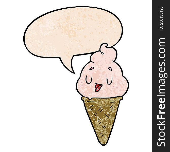 Cute Cartoon Ice Cream And Speech Bubble In Retro Texture Style