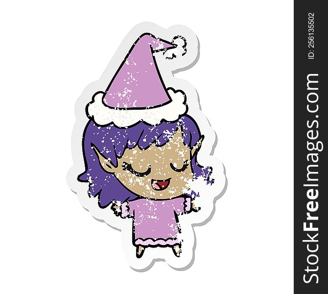 Happy Distressed Sticker Cartoon Of A Elf Girl Wearing Santa Hat