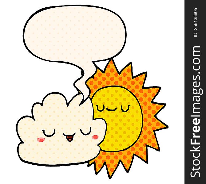 cartoon sun and cloud with speech bubble in comic book style