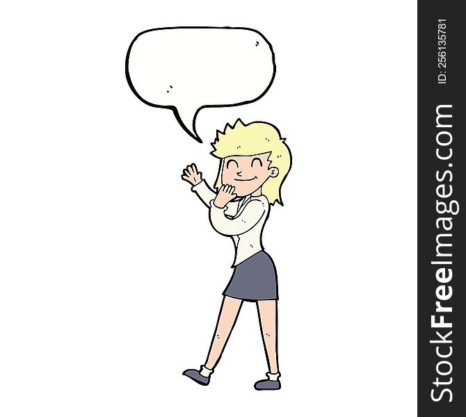 cartoon happy businesswoman with speech bubble