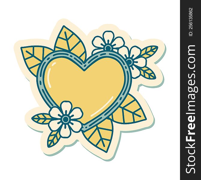 sticker of tattoo in traditional style of a botanical heart. sticker of tattoo in traditional style of a botanical heart