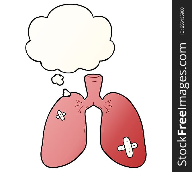 cartoon repaired lungs with thought bubble in smooth gradient style