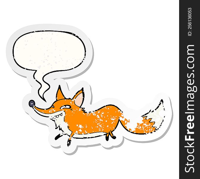 cute cartoon sly fox with speech bubble distressed distressed old sticker. cute cartoon sly fox with speech bubble distressed distressed old sticker
