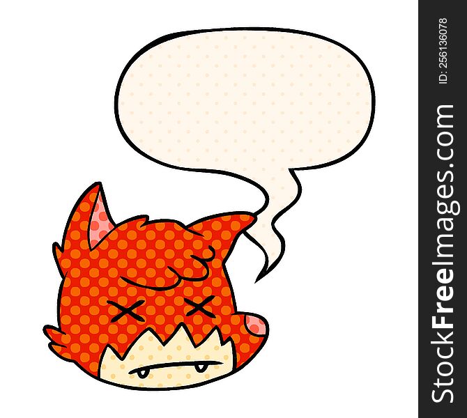 cartoon dead fox face with speech bubble in comic book style