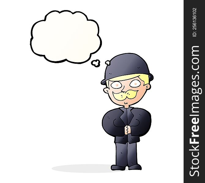 cartoon man in bowler hat with thought bubble