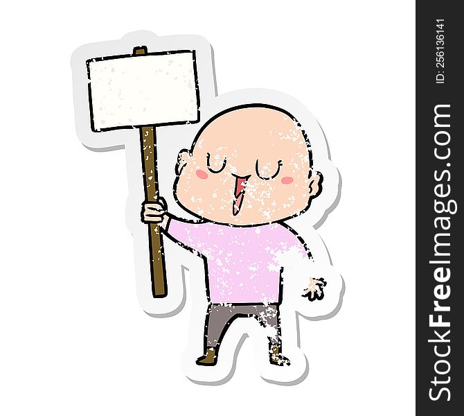 distressed sticker of a happy cartoon bald man with sign