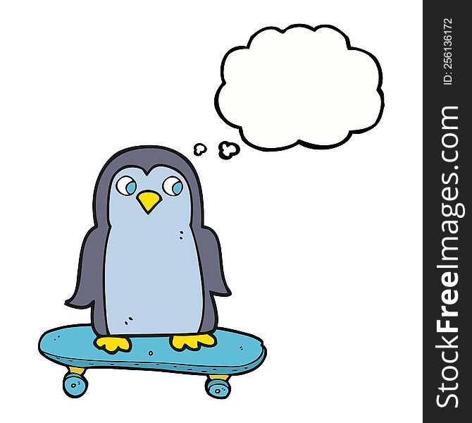 freehand drawn thought bubble cartoon penguin riding skateboard