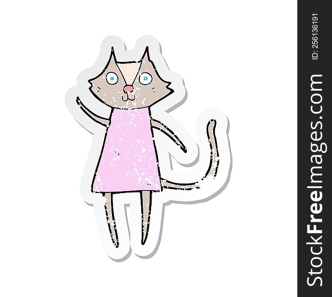 Retro Distressed Sticker Of A Cute Cartoon Cat Waving