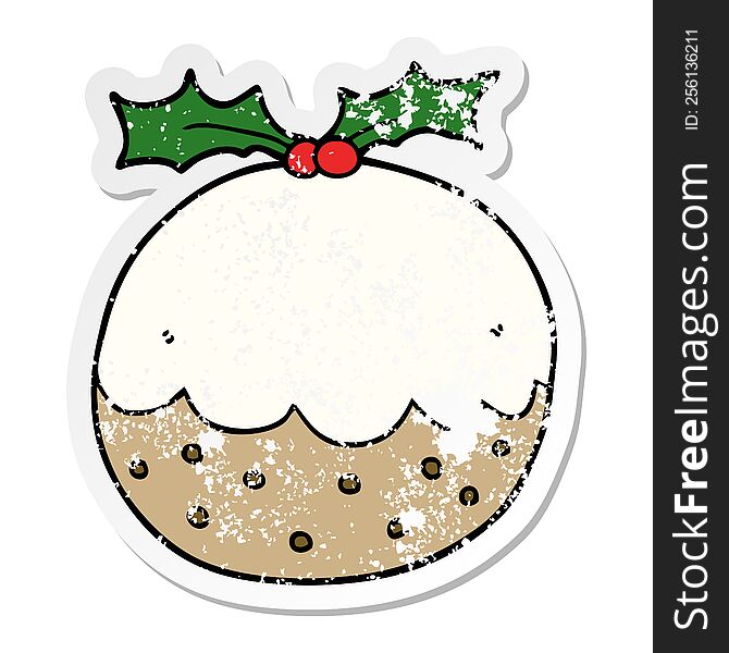 distressed sticker of a cartoon christmas pudding