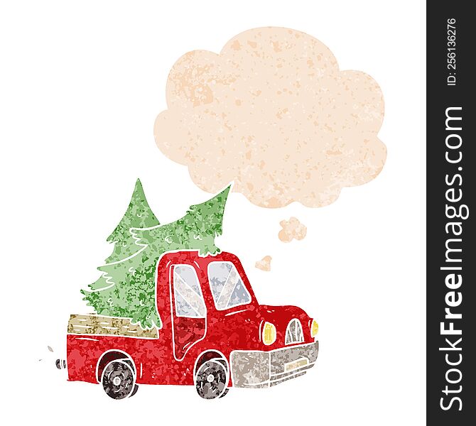 cartoon pickup truck carrying trees and thought bubble in retro textured style