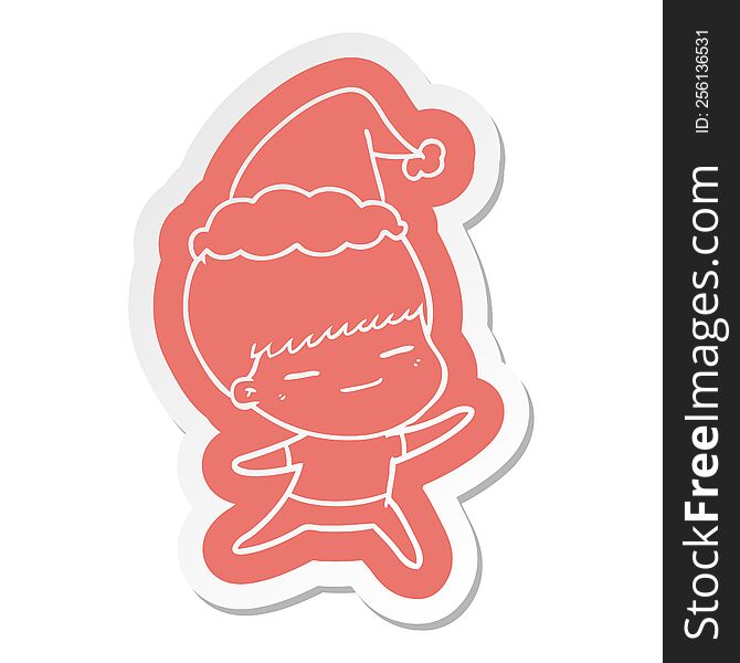 quirky cartoon  sticker of a smug boy wearing santa hat