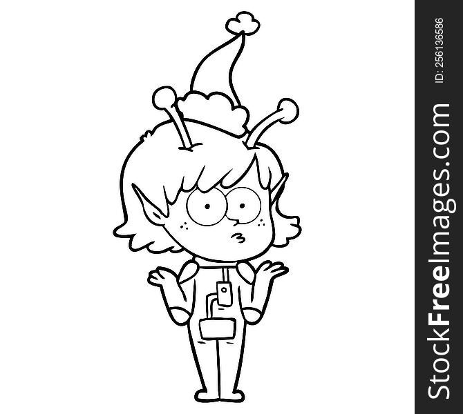 Line Drawing Of A Alien Girl Wearing Santa Hat