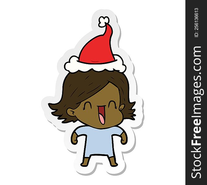 Sticker Cartoon Of A Happy Woman Wearing Santa Hat
